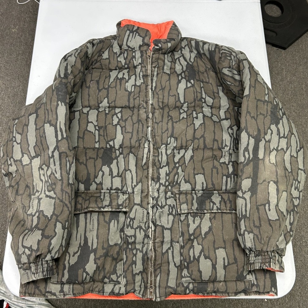 Cabelas Reversible Goose Down Jacket Mens Large Camo Orange Trebark Puffer A5
